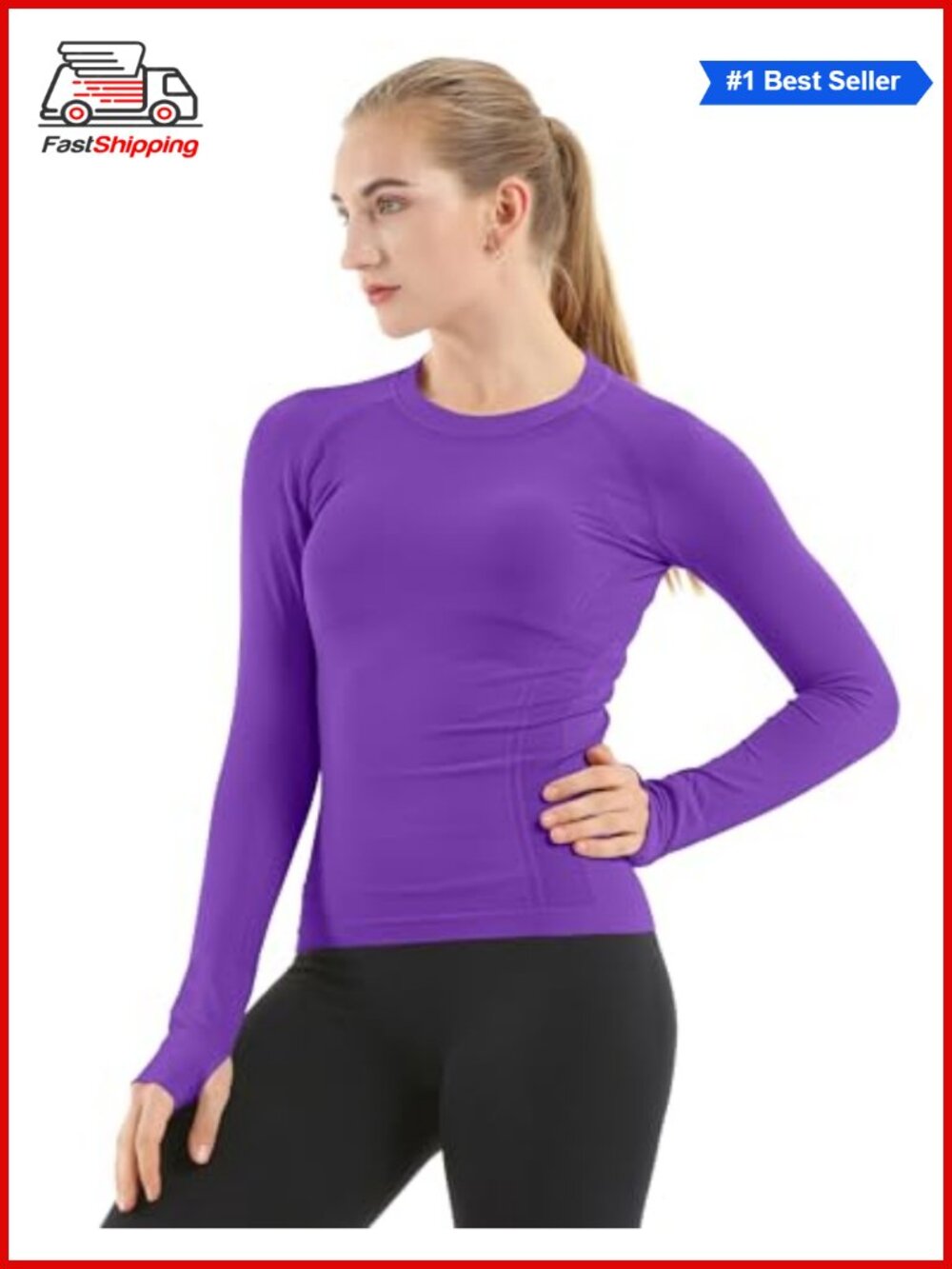Seamless Long Sleeve Workout Top Thumb Holes Crew Neck Gym Yoga